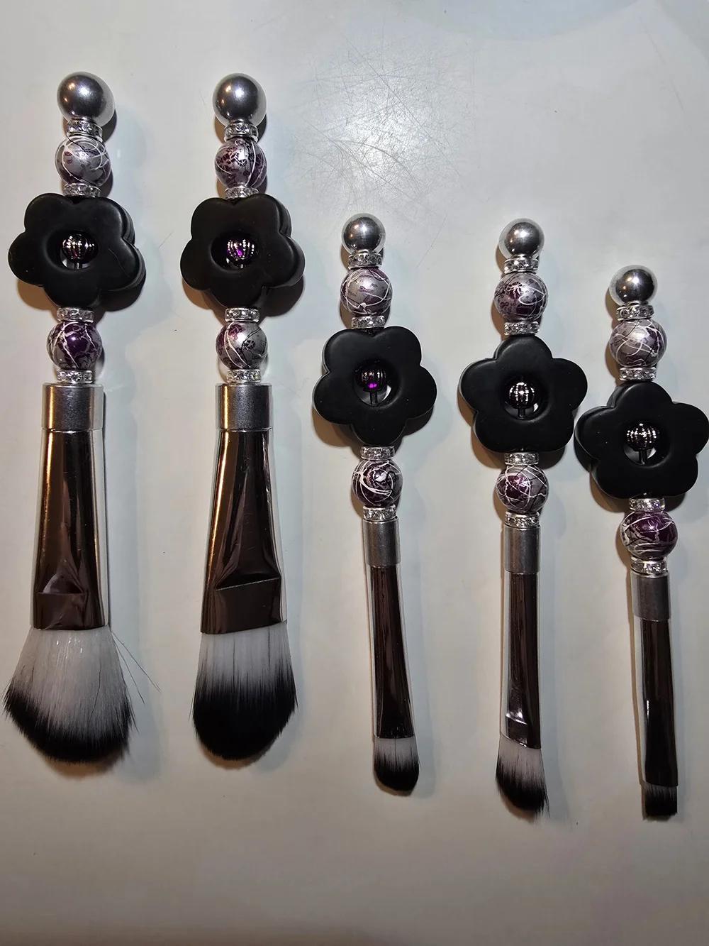 Hand Crafted Black & Purple Floral Handle Makeup Brush Set